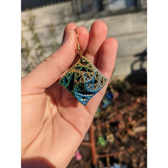 Color Changing Blue-Green-Orange 3D Printed Warped Sierpinski Octahedron Earring - Picture 4 of 8